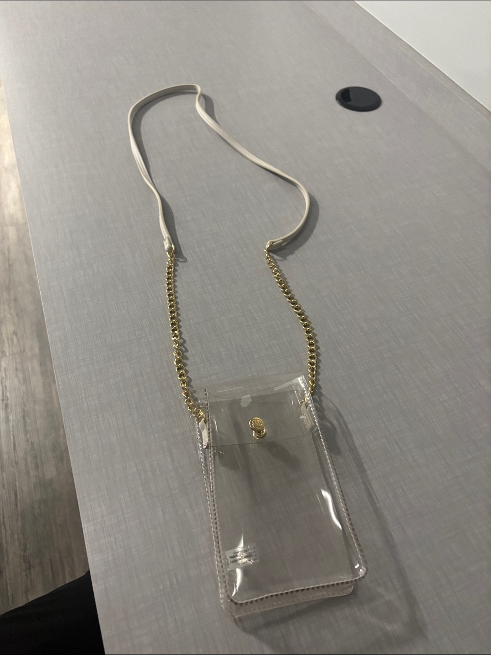 Clear Crossbody Phone Bag with Gold Chain & White Strap